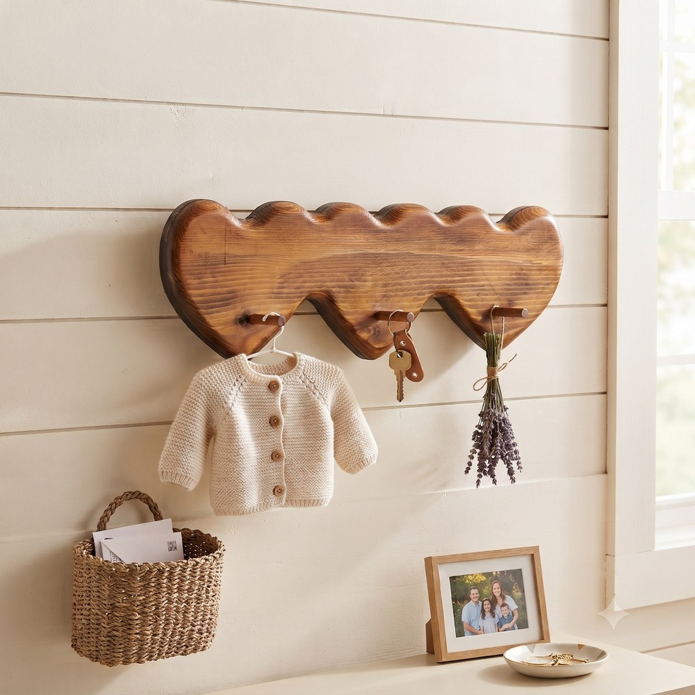 Vintage Wooden Triple Heart Wall Rack 3 Peg Hook Brown Rustic Nursery Entryway